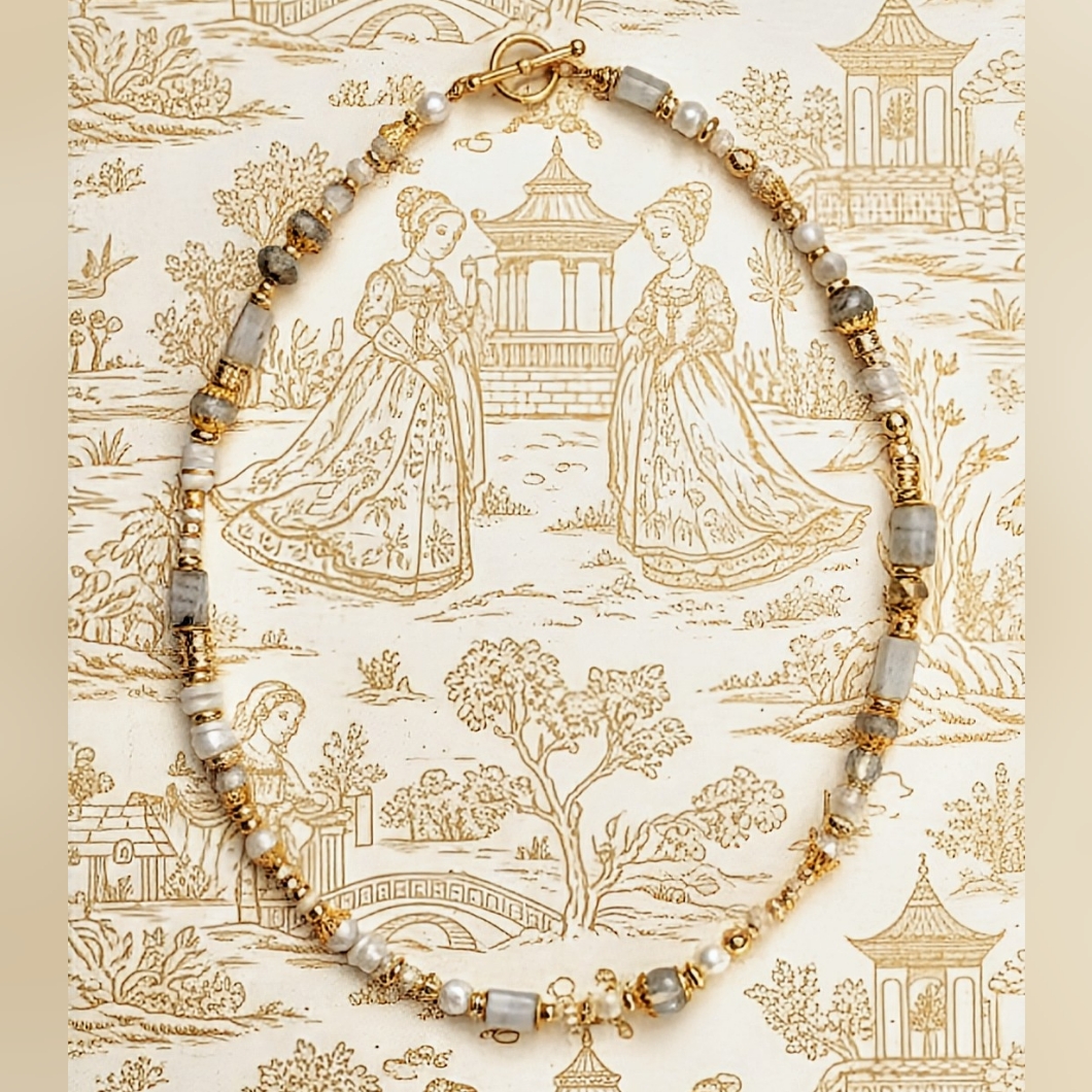 Mystic Moonstone And White Stones In Dainty Gold Necklace Or Choker
